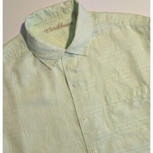Caribbean Mens XL Linen Cotton Shirt Mint Green Textured Short Sleeve NICE!